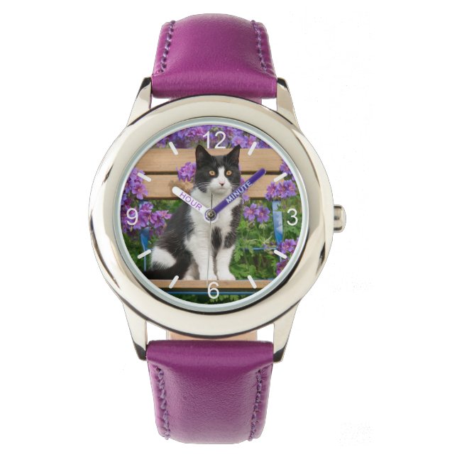Tuxedo cat sitting on a garden chair with flowers watch (Front)