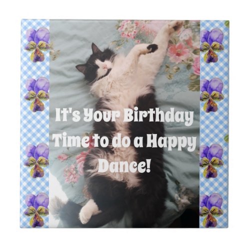 Tuxedo Cat Sleeping Funny Cats Happy Dance Tile