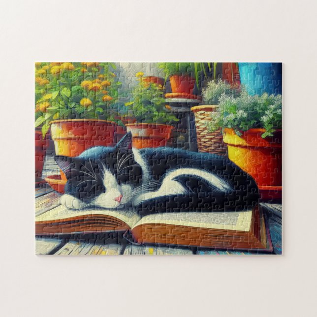 Tuxedo Cat Sleeping on a Book Garden Painting Jigsaw Puzzle (Horizontal)