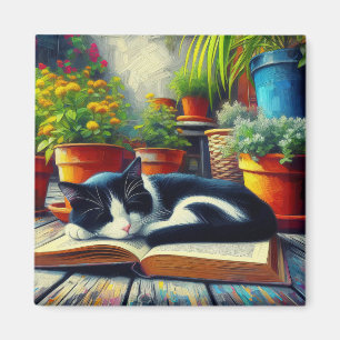 Tuxedo Cat Sleeping on a Book Garden Painting Magnet