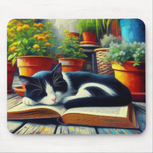 Tuxedo Cat Sleeping on a Book Garden Painting Mouse Pad