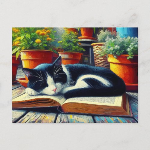 Tuxedo Cat Sleeping on a Book Garden Painting Postcard