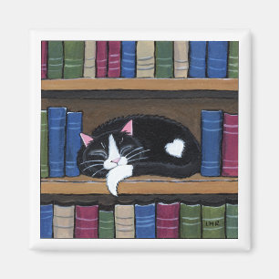 Tuxedo Cat Sleeping on Bookshelf Cat Art Magnet