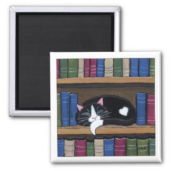Tuxedo Cat Sleeping On Bookshelf Cat Art Magnet by LisaMarieArt at Zazzle