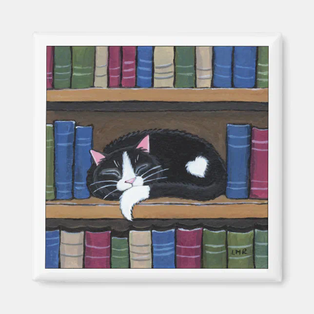 Tuxedo Cat Sleeping on Bookshelf Cat Art Zazzle