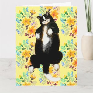 Tuxedo cat Sleeping on floral bed Card