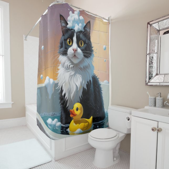 Tuxedo Cat Sloppy Sleepy Cute Funny Shower Curtain (In Situ)