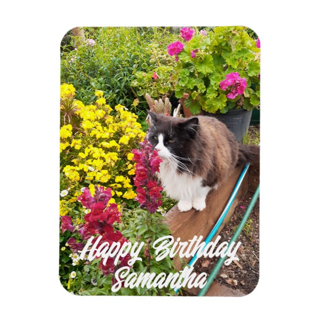 Tuxedo Cat Sniffing Flowers Cats Birthday Magnet (Vertical)