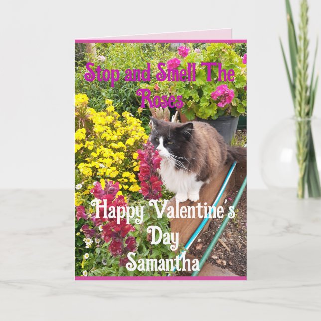 Tuxedo Cat Sniffing Flowers Funny Valentines Day Card (Front)