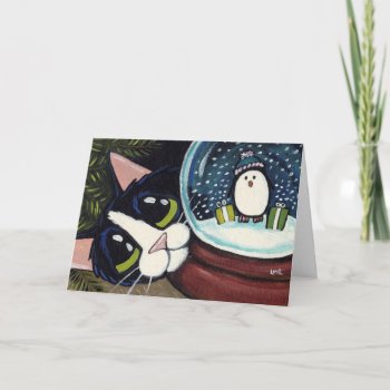 Tuxedo Cat & Snow Globe | Animal Art Greeting Card by LisaMarieArt at Zazzle