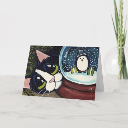 Tuxedo Cat  Snow Globe  Animal Art Greeting Card