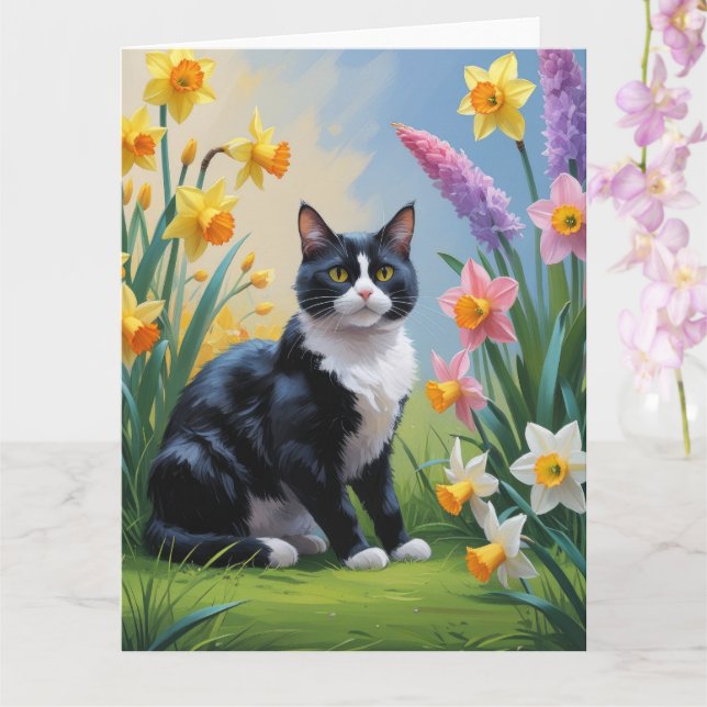 Tuxedo Cat Spring Flowers Painting  Card (Orchid)