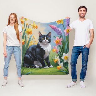 Tuxedo Cat Spring Flowers Painting  Fleece Blanket