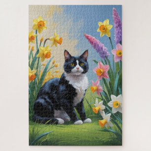 Tuxedo Cat Spring Flowers Painting Jigsaw Puzzle