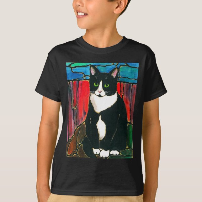 Tuxedo Cat Stained Glass Design Art T-Shirt (Front)