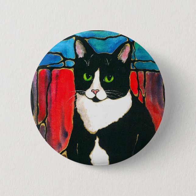 Tuxedo Cat Stained Glass Design Art T-Shirt Button (Front)