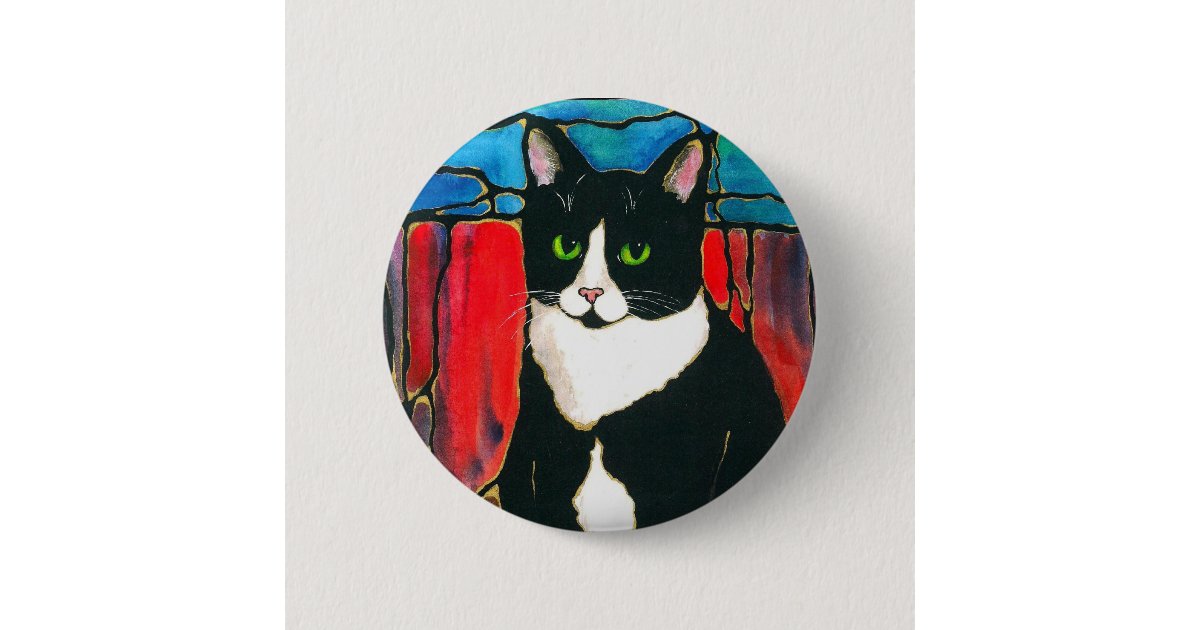Tuxedo Cat Stained Glass Design Art T Shirt Button Zazzle Com