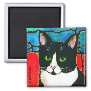 Tuxedo Cat Stained Glass Design Art T-Shirt Magnet