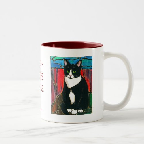 Tuxedo Cat Stained Glass Design Art T_Shirt Two_Tone Coffee Mug