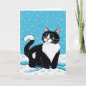 Tuxedo Cat Standing Knee Deep in Snow Painting Holiday Card