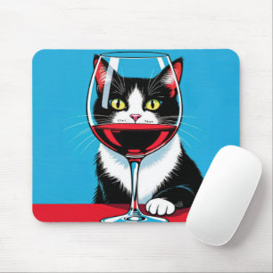 Tuxedo Cat Staring Through a Wine Glass Mouse Pad