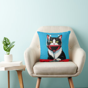 Tuxedo Cat Staring Through a Wine Glass Throw Pillow
