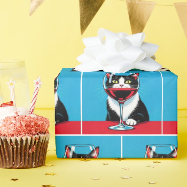 Tuxedo Cat Staring Through a Wine Glass Wrapping Paper (Birthday Party)