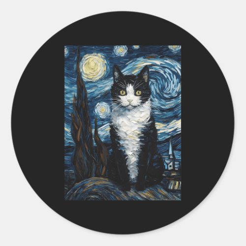 Tuxedo Cat Starry Night Moon And Stars Classic Round Sticker
