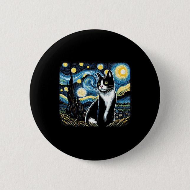 Tuxedo Cat Starry Night Painting Tuxedo Cat Owner  Button (Front)