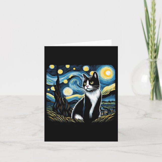 Tuxedo Cat Starry Night Painting Tuxedo Cat Owner  Card (Front)