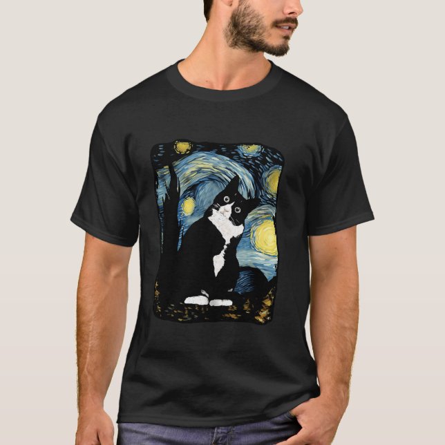 Tuxedo Cat Starry Night Van Gogh Cat Cat Art Cat M T-Shirt (Front)