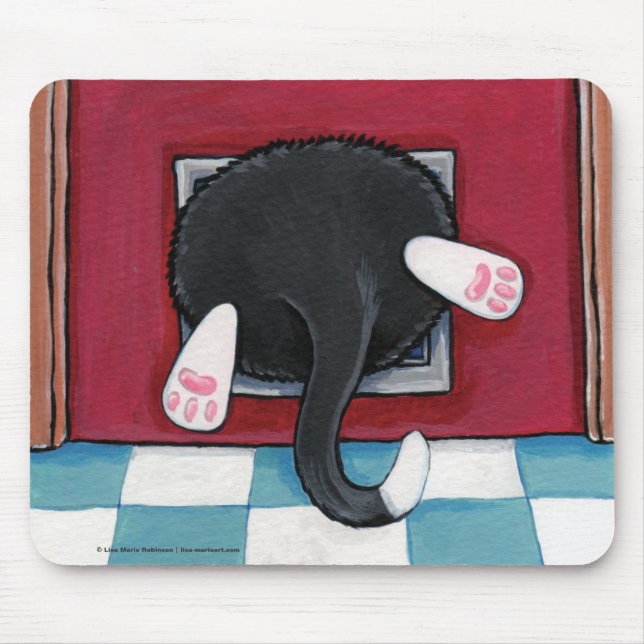 Tuxedo Cat Stuck in a Cat Flap - Funny Cat Art Mouse Pad (Front)