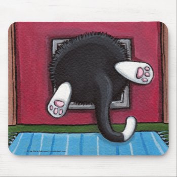 Tuxedo Cat Stuck In A Cat Flap - Funny Cat Art Mouse Pad by LisaMarieArt at Zazzle