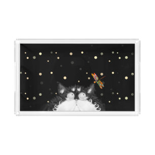 Tuxedo Cat Surprised by Dragonfly  Acrylic Tray