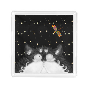 Tuxedo Cat Surprised by Dragonfly Acrylic Tray