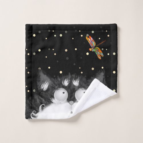 Tuxedo Cat Surprised by Dragonfly  Bath Towel Set