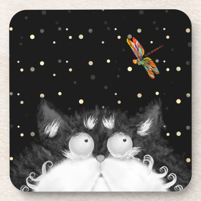Tuxedo Cat Surprised by Dragonfly  Beverage Coaster (Front)