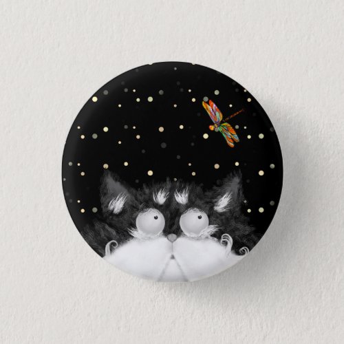 Tuxedo Cat Surprised by Dragonfly  Button