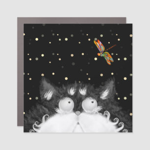 Tuxedo Cat Surprised by Dragonfly Car Magnet