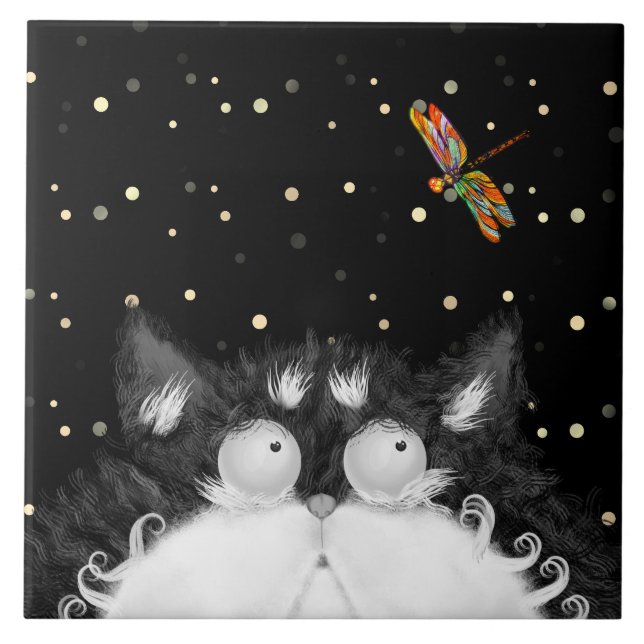 Tuxedo Cat Surprised by Dragonfly Ceramic Tile (Front)