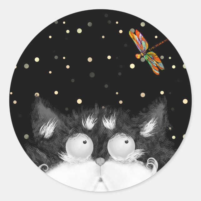 Tuxedo Cat Surprised by Dragonfly  Classic Round Sticker (Front)