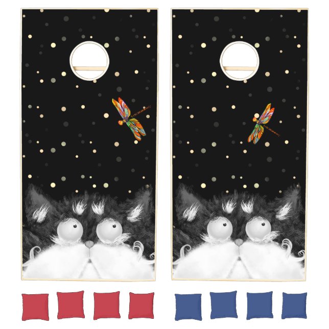 Tuxedo Cat Surprised by Dragonfly  Cornhole Set (Set)