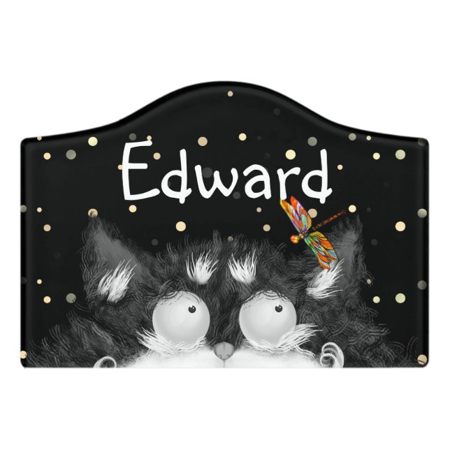 Tuxedo Cat Surprised by Dragonfly  Door Sign (Small Crest Front)