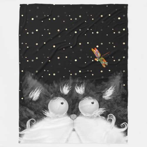 Tuxedo Cat Surprised by Dragonfly  Fleece Blanket