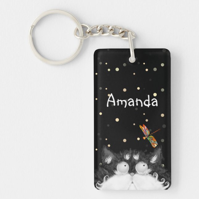 Tuxedo Cat Surprised by Dragonfly  Keychain (Front)