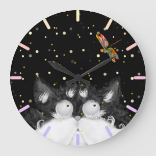 Tuxedo Cat Surprised by Dragonfly  Large Clock