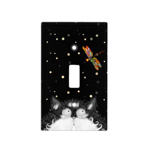 Tuxedo Cat Surprised by Dragonfly  Light Switch Cover