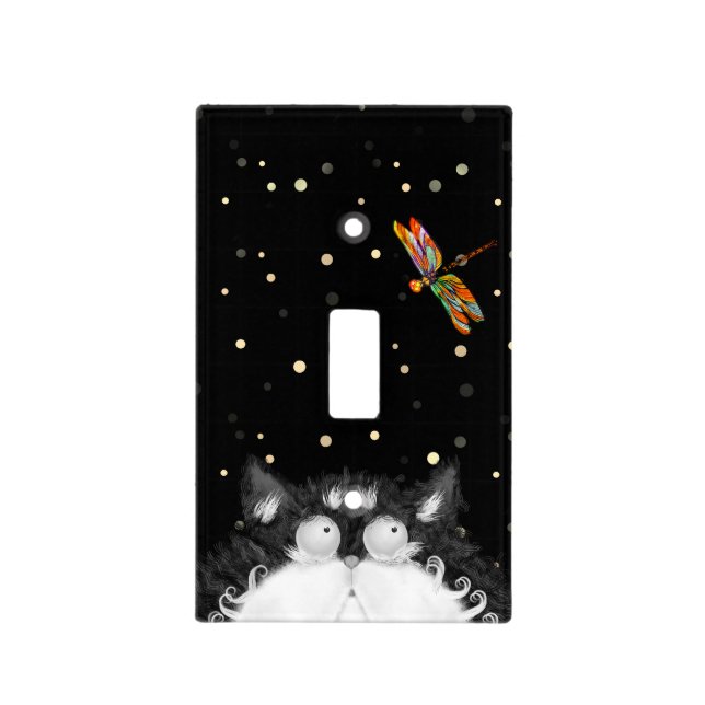 Tuxedo Cat Surprised by Dragonfly  Light Switch Cover (Front)