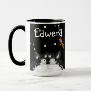 Tuxedo Cat Surprised by Dragonfly Mug