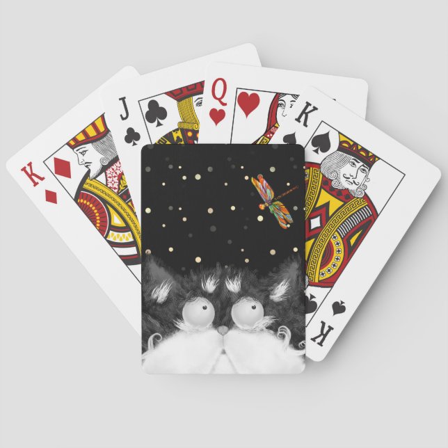 Tuxedo Cat Surprised by Dragonfly  Poker Cards (Back)